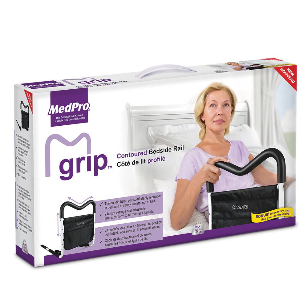 MedPro Mgrip Adjustable Contoured Bed Rail with Multiple Gripping Positions, Black/White