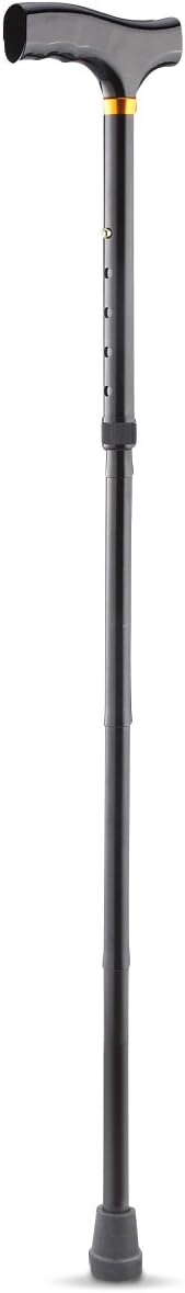 Black Drive Medical adjustable folding walking cane with a smooth wood T-handle, brass accent collar, and anti-slip rubber tip.