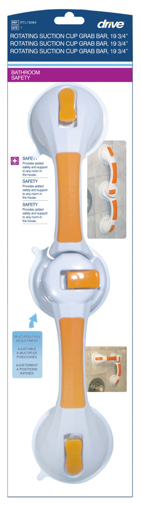 Retail packaging of a Drive Medical 19 3/4 inch rotating suction cup grab bar on a white background.