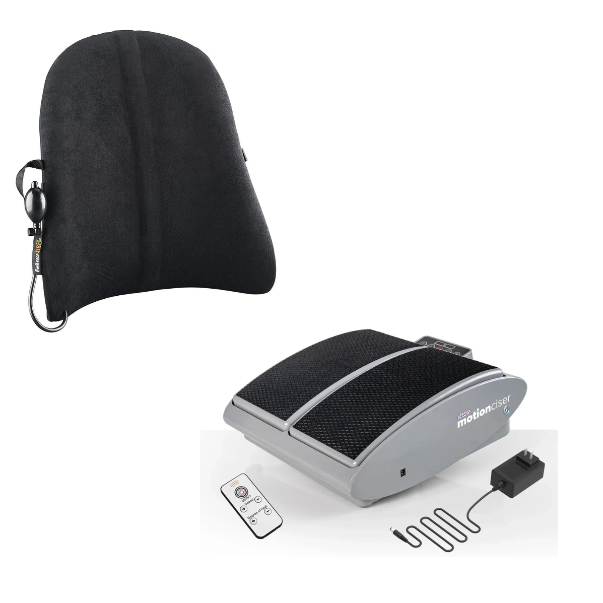 Black EmbraceAIR lumbar back support cushion next to a grey MotionCiser foot massager with remote control and power adapter on a white background.