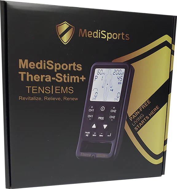 Close up view of Thera Stim Plus handheld TENS EMS unit blue LCD screen and control buttons
