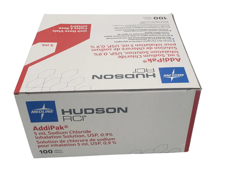 Retail box of 100 unit dose vials of Medline Hudson RCI AddiPak 5 mL 0.9% Sodium Chloride Inhalation Solution on a white background.