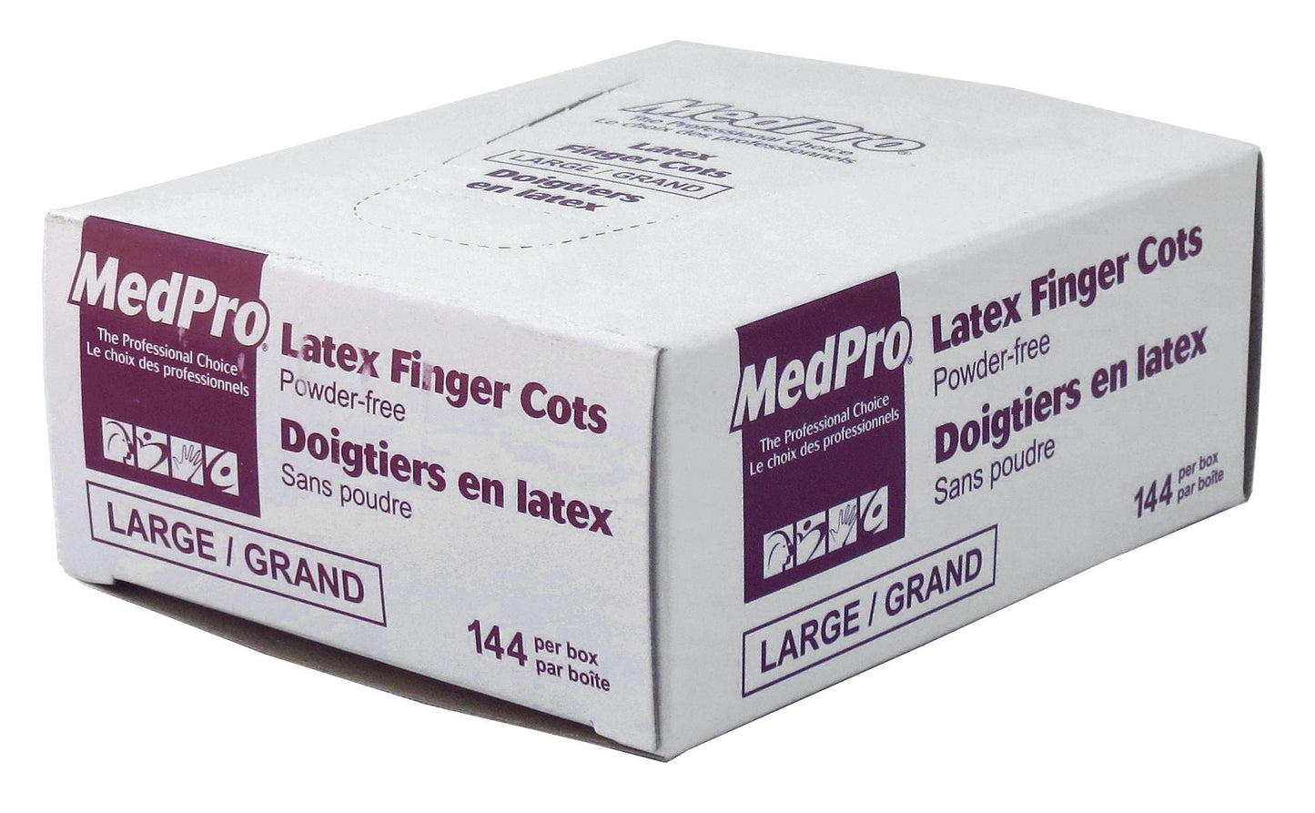 Box of MedPro powder-free latex finger cots size large 144 per box