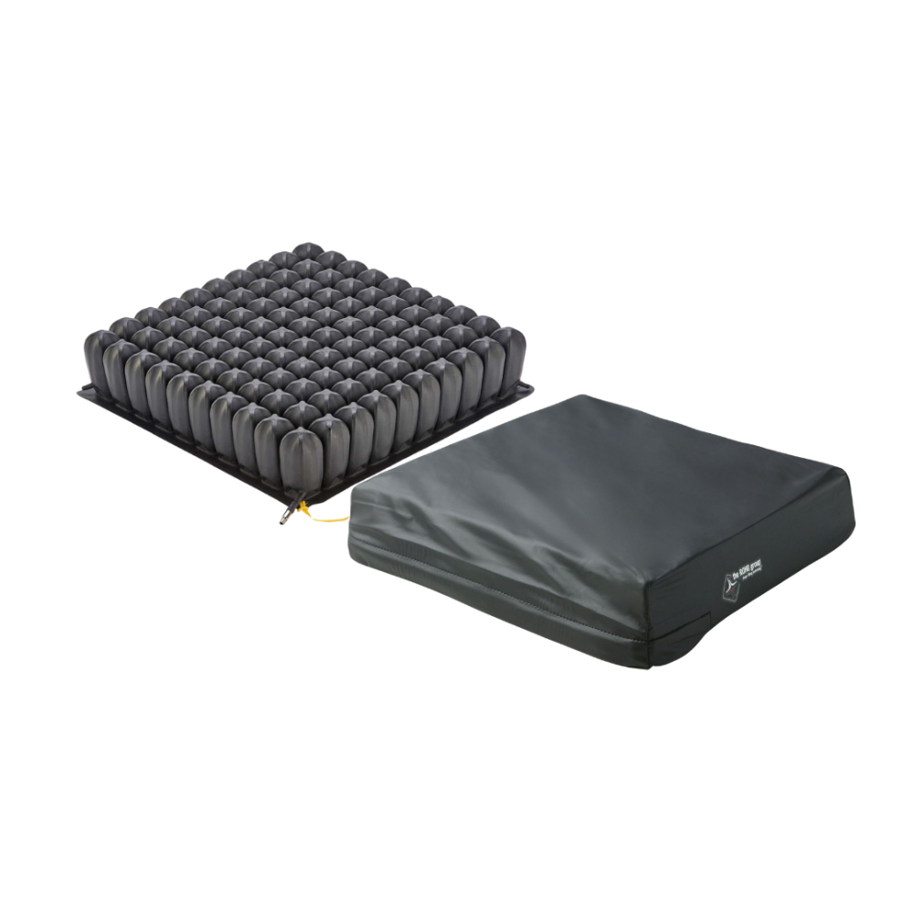 A top-down view of the bare ROHO High Profile cushion shown with the included hand inflation pump for personalized pressure settings.
