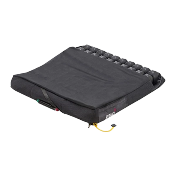 Black ROHO QUADTRO SELECT Low Profile wheelchair cushion shown with a half cover, highlighting the exposed air-cell grid on top.