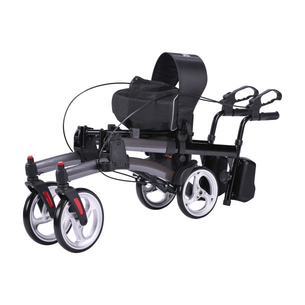 Folded grey upright rollator walker with forearm armrests and large wheels on a white background.