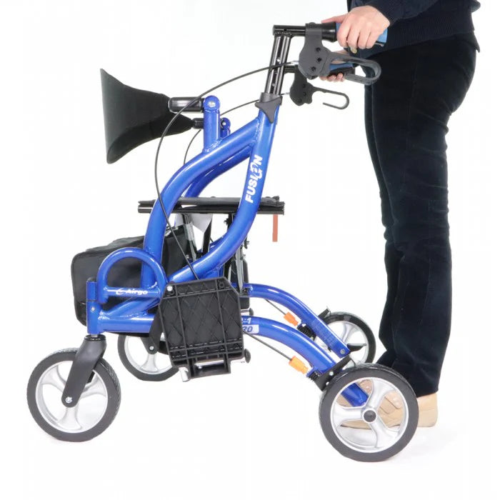 A user utilizing the Airgo Fusion as a rollator for walking support, showing the natural upright posture allowed by the handle design.