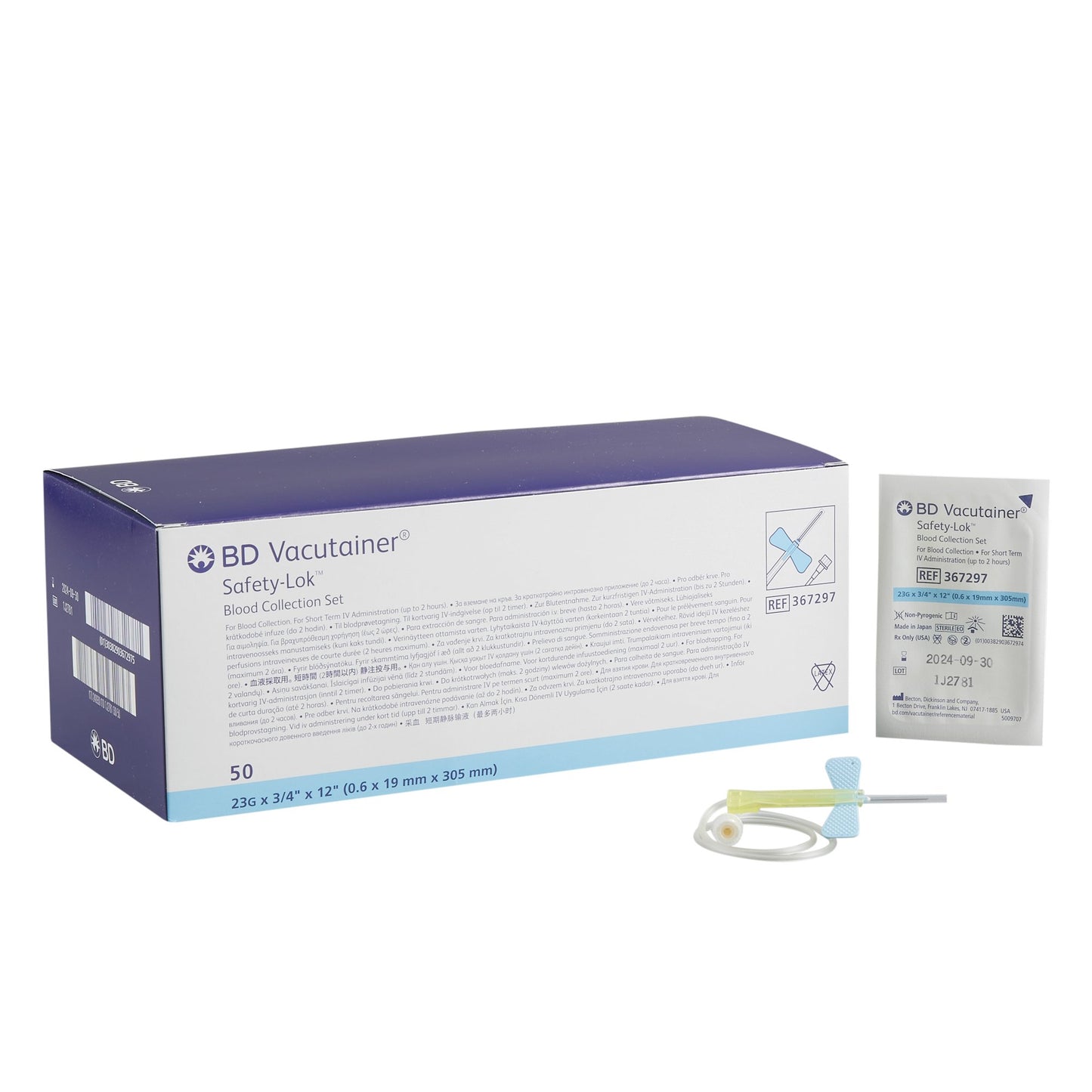 BD 367297 Ensemble de prélèvement sanguin Vacutainer® Safety-Lok™, calibre 23, longueur d'aiguille de 3/4 pouce, aiguille de sécurité, tube de 12 pouces, stérile - 50 par boîte