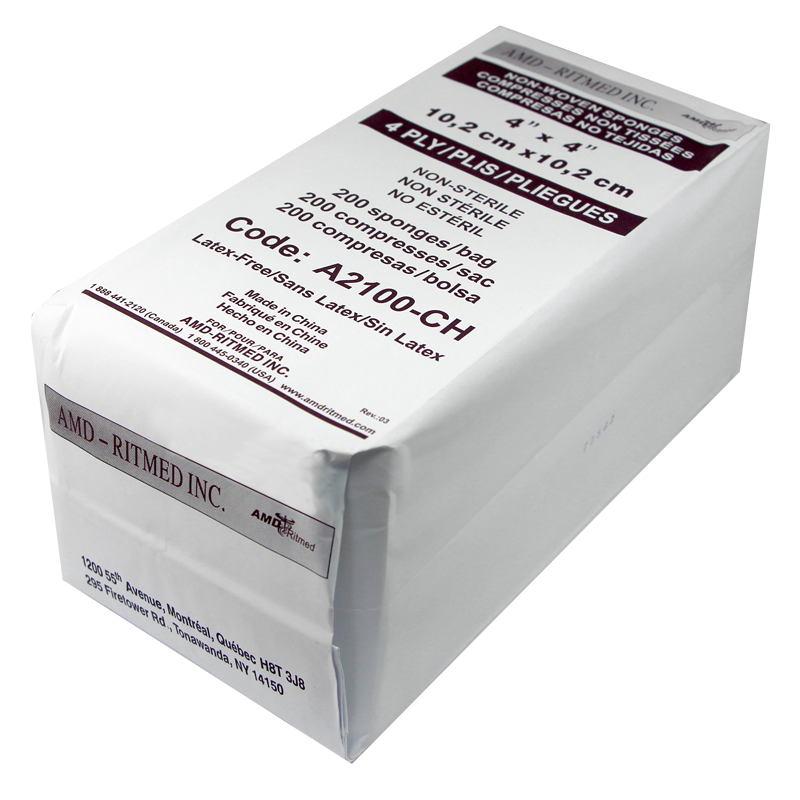 4" x 4" Non Woven Non-Sterile Ritmed Gauze Sponge, 4-Ply-2000/cs