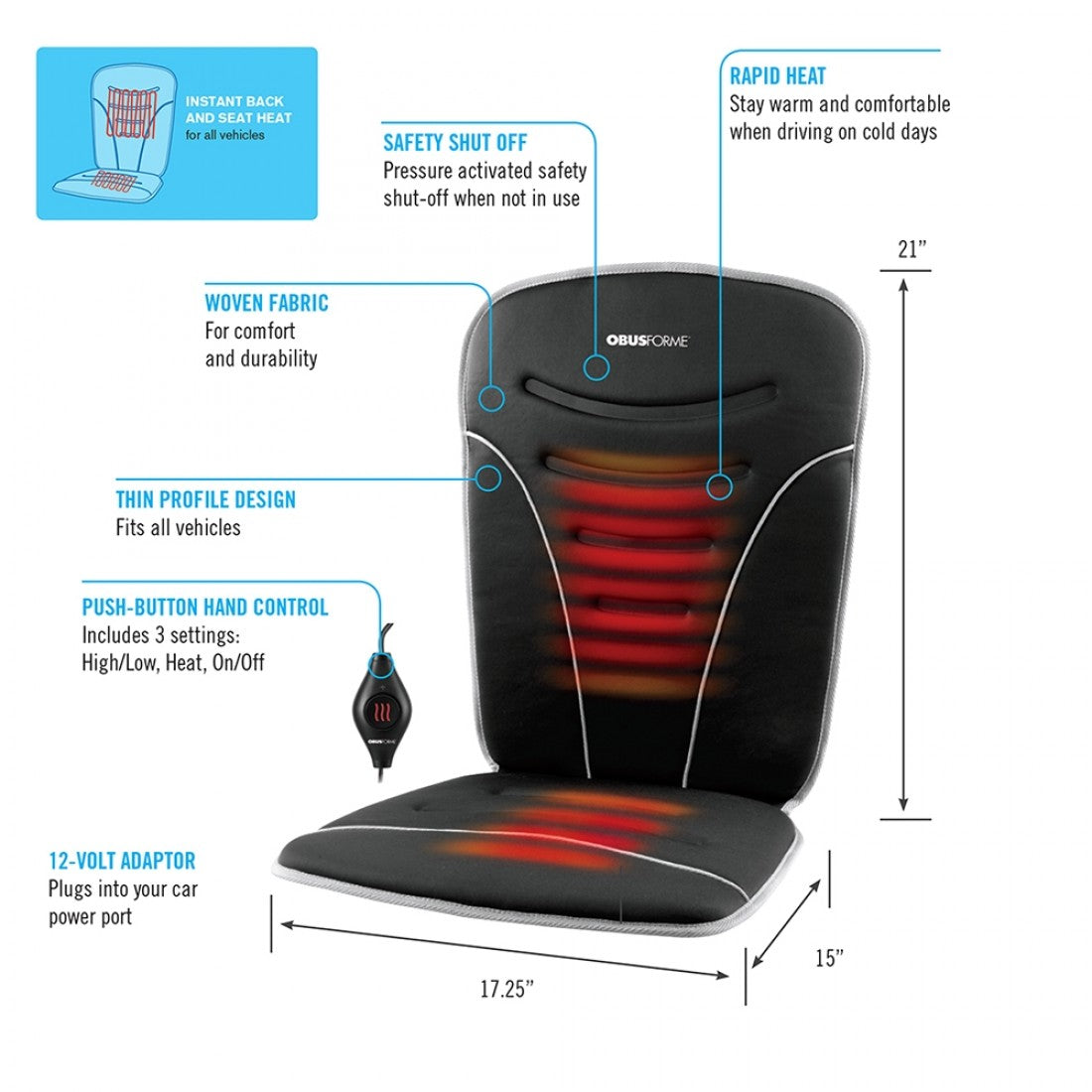 COUSSIN DE VOITURE CHAUFFANT POUR LE DOSSIER ET LE SIÈGE OBUSFORME