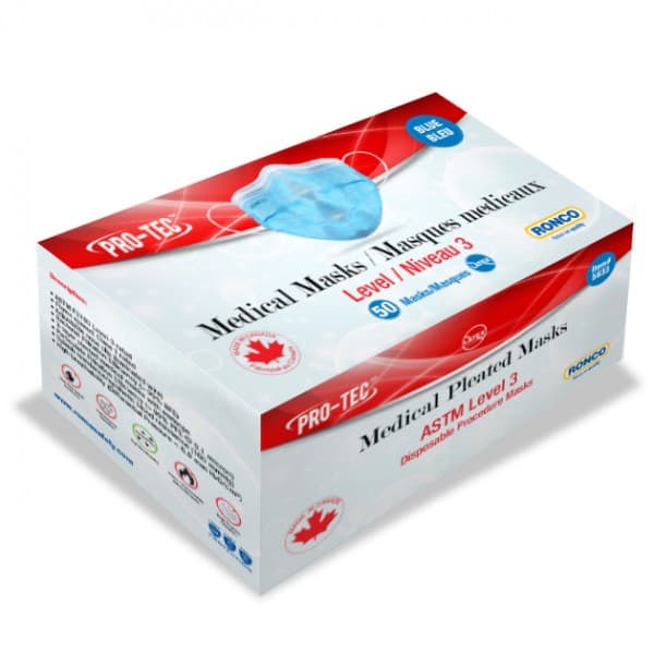 ASTM Level 3 Mask RONCO-PRO-TEC 3 ply Pleated Masks - 5633- Fiberglass Free Box of 50