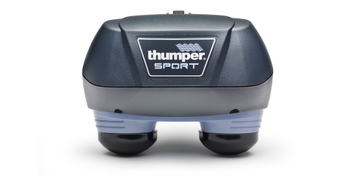 Front-facing view of the Thumper Sport massager, highlighting the variable speed control and the interchangeable massage spheres designed for customized home therapy.
