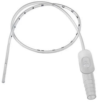 14Fr sterile suction catheter with curved coude tip, measurement markings, and control valve