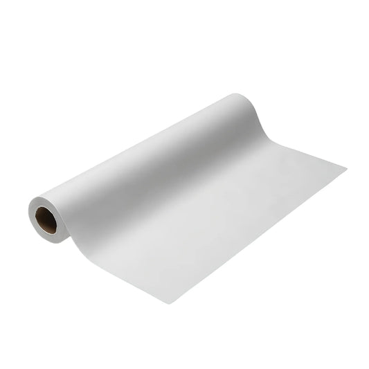 Unrolled 18-inch white crepe medical exam and massage table paper roll showing textured protective surface on a plain white background.
