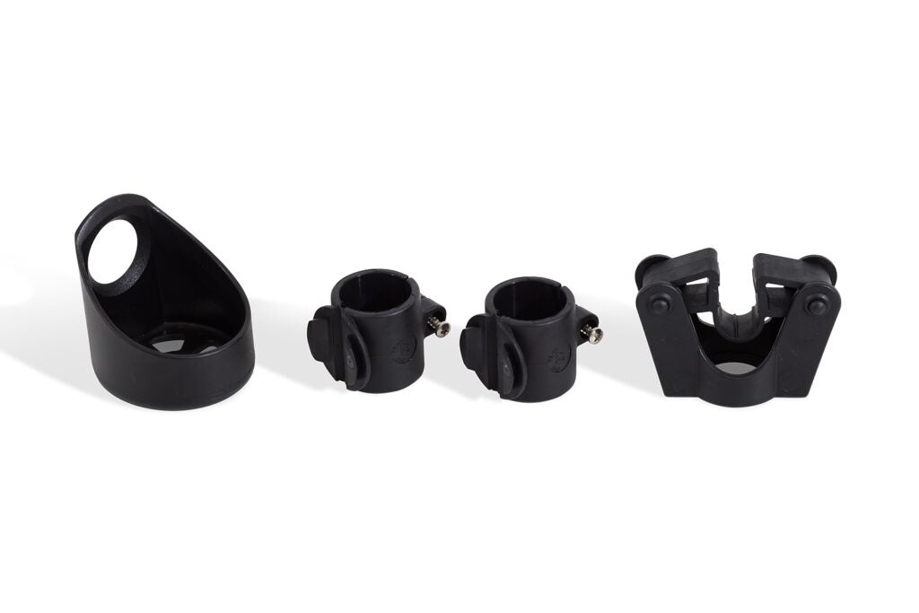 Black plastic component parts of the Nexus 80703 cane holder kit including the cup base, mounting clamps, and upper clip on a plain white background.