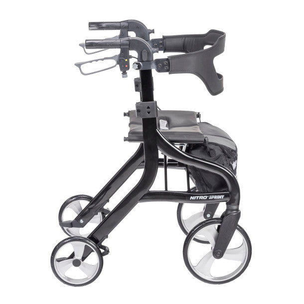 Side profile view of a black Drive Nitro Sprint rollator walker showing frame geometry and wheels on a white background.