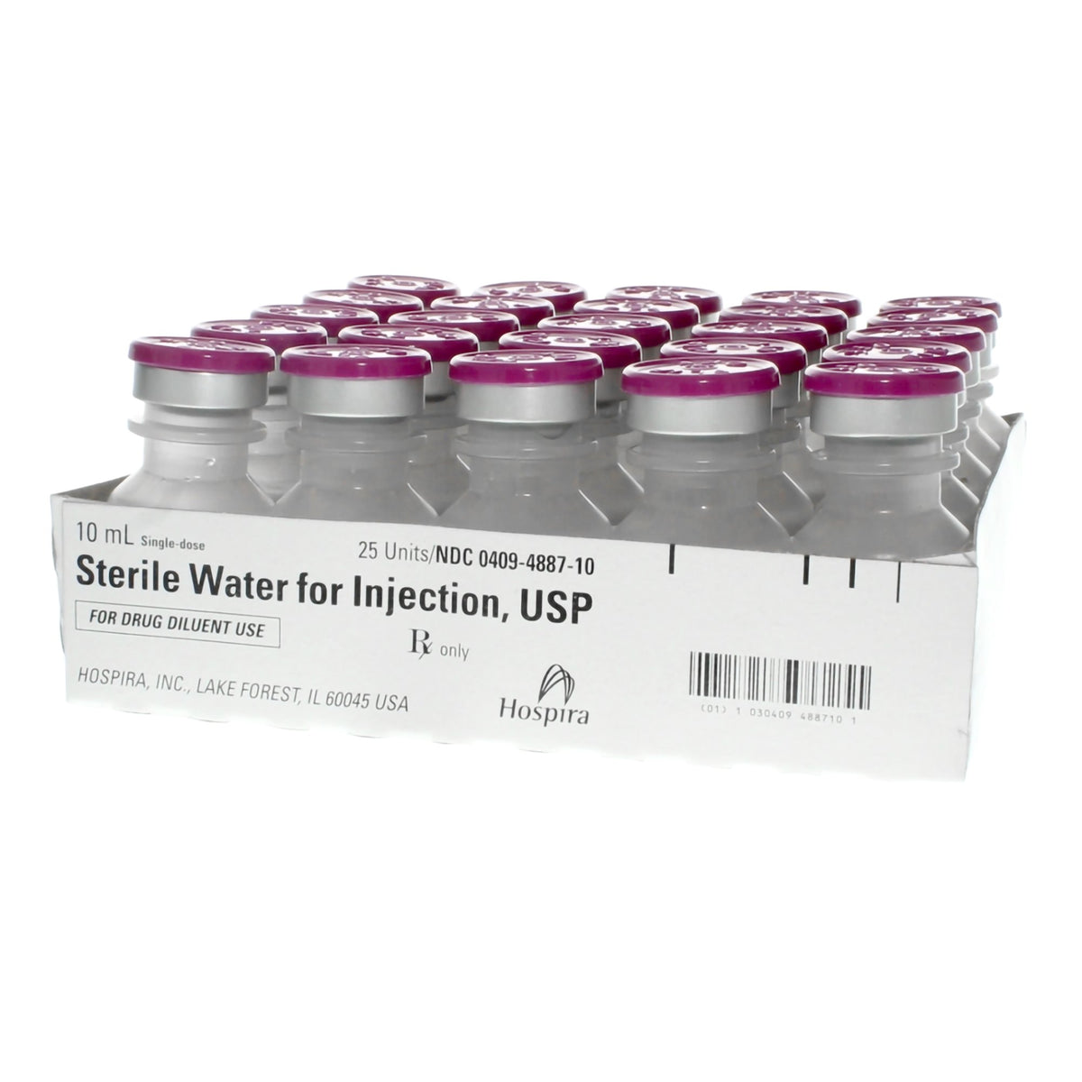 Box of 25 single-dose 10 mL vials of Hospira Sterile Water for Injection, USP on a white background.