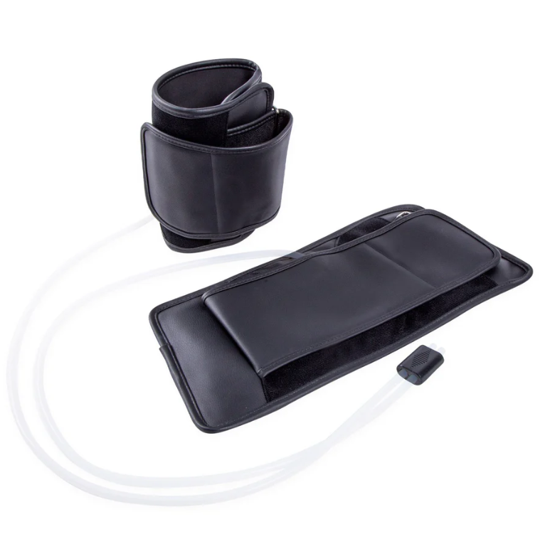 Black sequential compression therapy cuff and open flat sleeve with attached clear tubing on a white background.