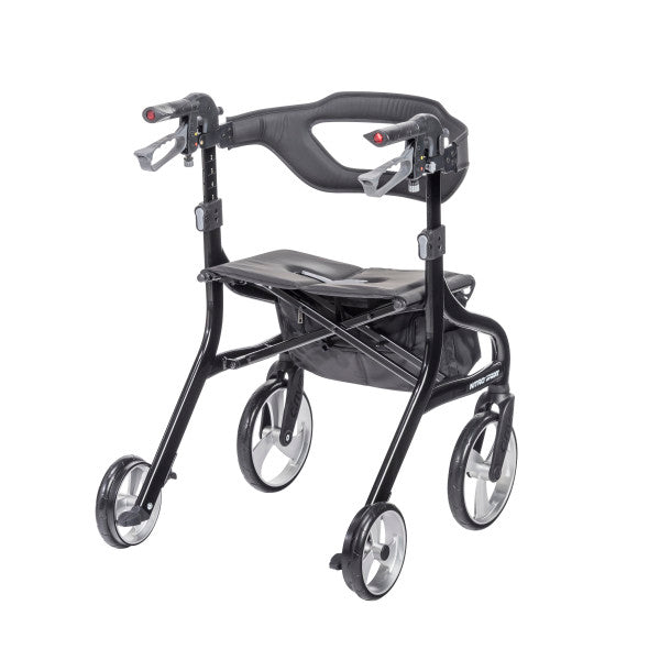 Three-quarter back angle view of a black Drive Nitro Sprint rollator walker on a plain white background.