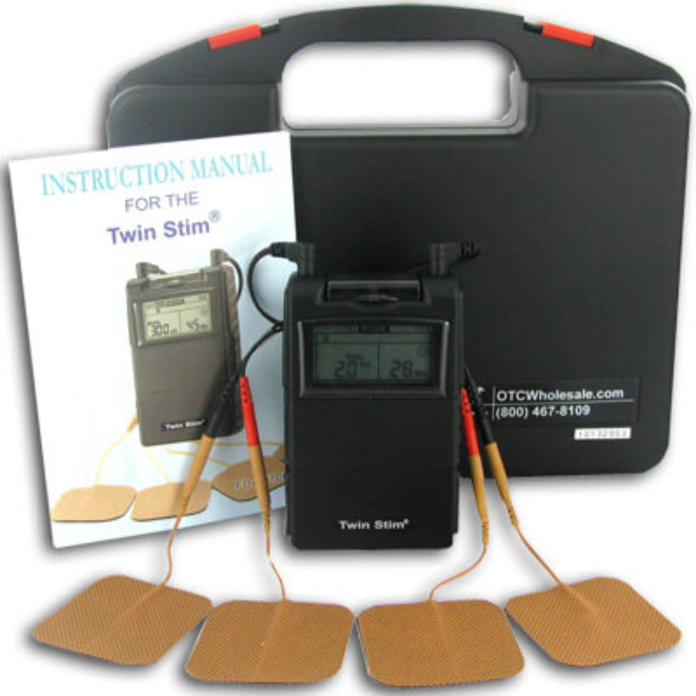 The complete Twin Stim kit, including the device, electrodes, lead wires, a 9V battery, and a hard-shell black carrying case.