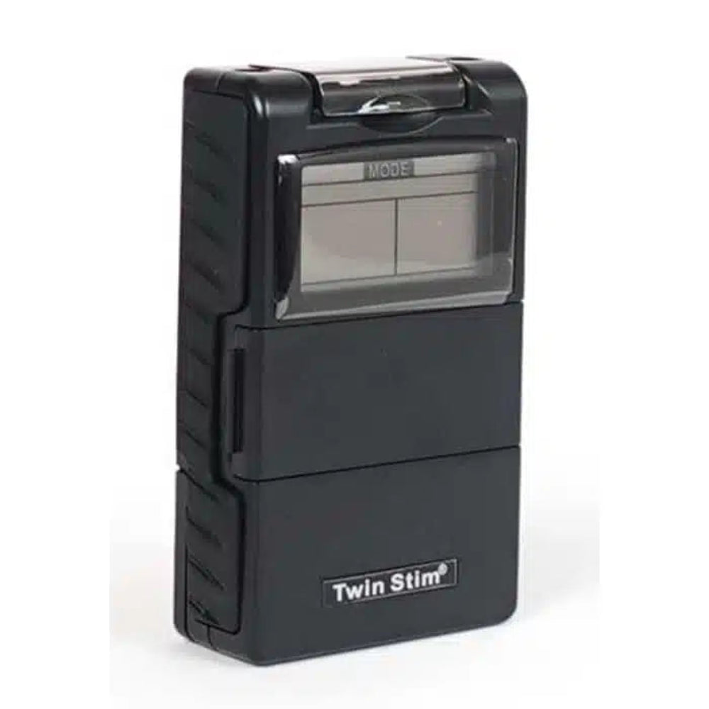 The front angled view of the Twin Stim device, highlighting convenient hands-free use during therapy sessions.