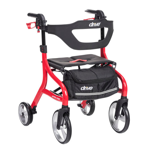 Red Drive Nitro Sprint rollator walker with four wheels, black padded seat, backrest, and front storage bag on a white background.