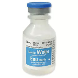 Single 20mL glass vial of Sterile Water for Injection USP featuring a blue flip-top cap and clear printed product label on a white background.