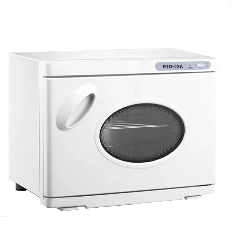 White RTD-23A towel warmer cabinet with closed door and oval window on a plain white background.