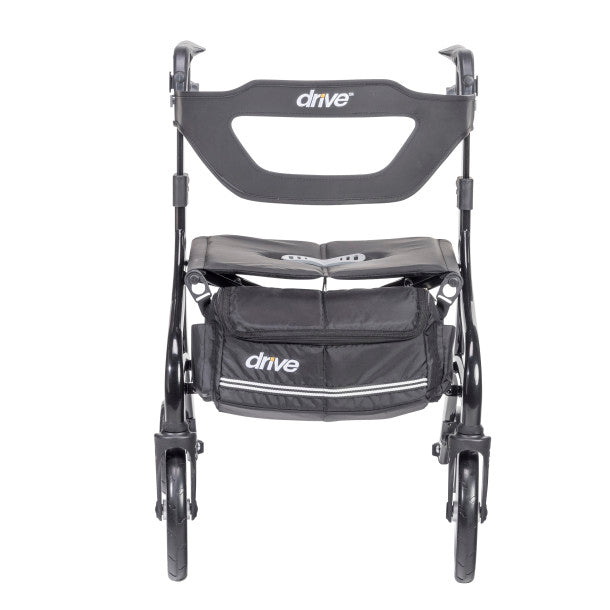 Front view of a black Drive Nitro Sprint rollator walker with seat, front storage bag, and contoured backrest on a white background.