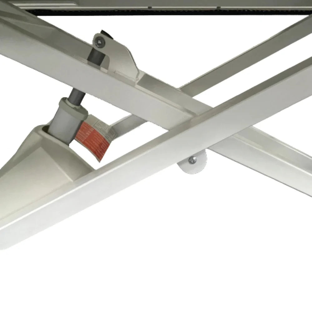 Close-up underneath the A-Lek treatment table, showcasing the heavy-duty steel frame and powerful German OKIN actuator designed for reliable lifting performance.