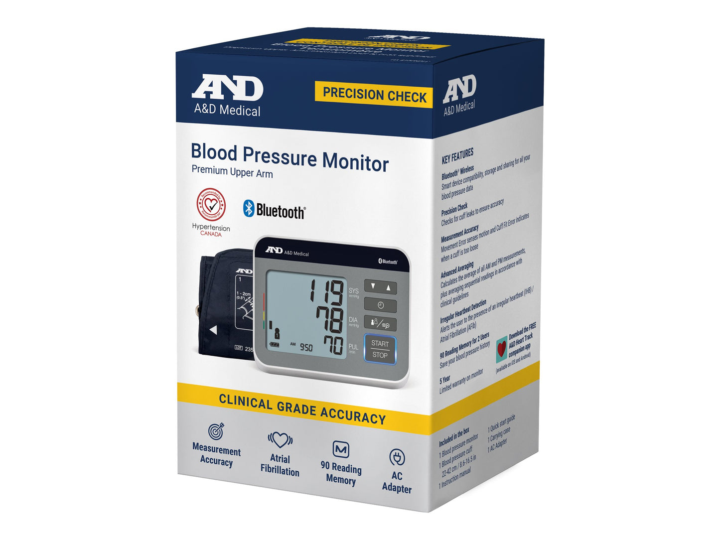 Retail packaging box for A&D Medical Bluetooth Premium Upper Arm Blood Pressure Monitor displayed on a white background.