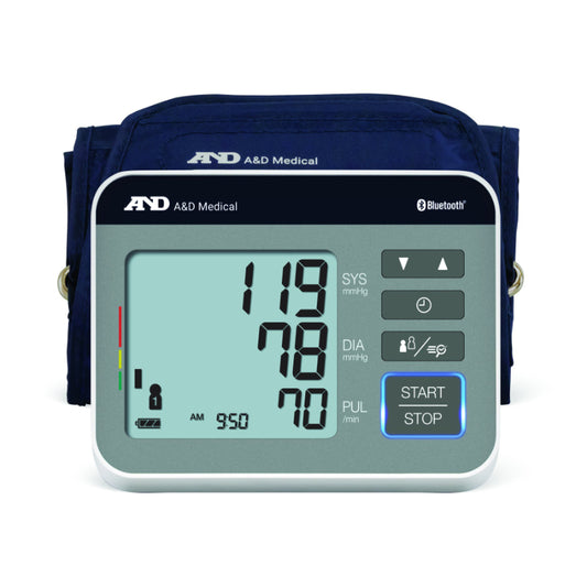A&D Medical Bluetooth upper arm blood pressure monitor showing digital screen reading with dark blue arm cuff on a white background.