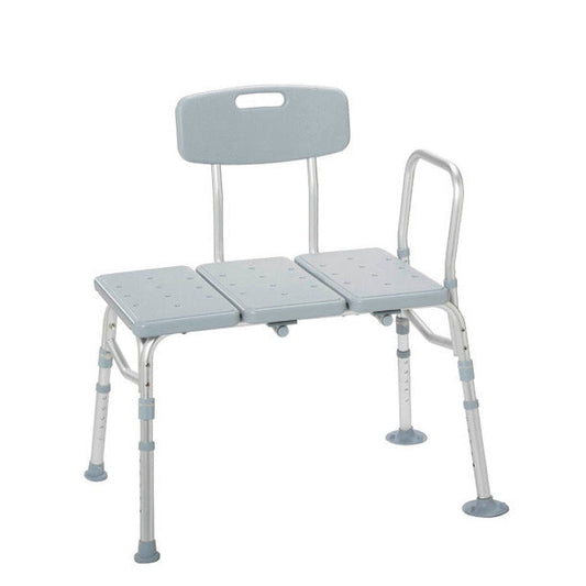 Light grey adjustable shower transfer bench with backrest armrest handle and suction cup legs