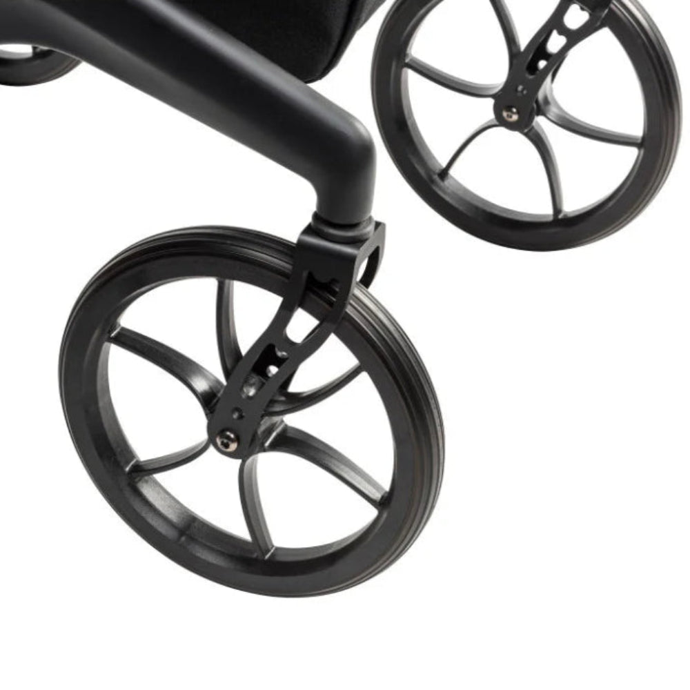 A detailed close-up of the front wheel and the carbon fiber fork assembly, highlighting the lightweight and durable construction.