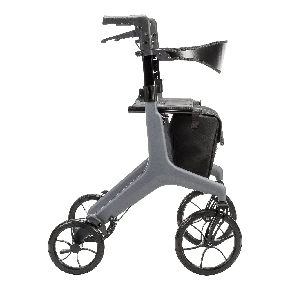 A side view focusing on the lower carbon fiber chassis and the attachment points for the front storage bag.