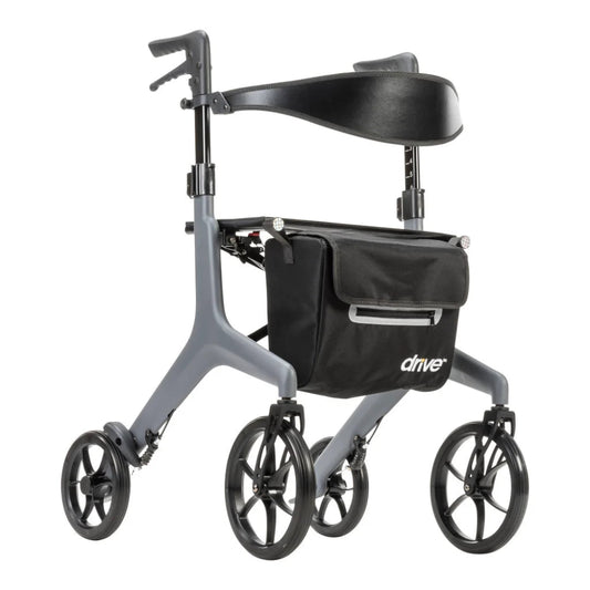 Full angled view of the AeroCarbon Ultra-Lite Rollator in black, featuring a lightweight 11.5 lb carbon fiber frame, large 9.5-inch front wheels, and a zippered storage bag.