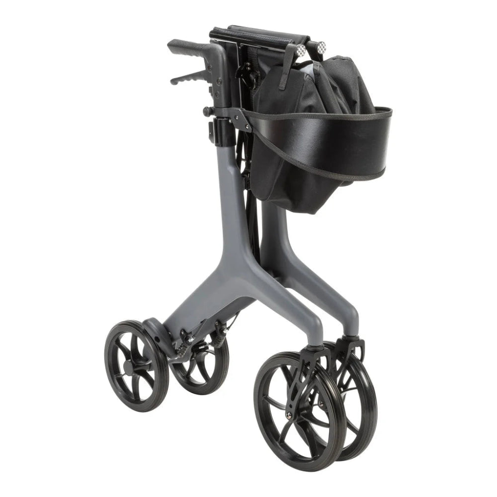 folded view of the AeroCarbon Ultra-Lite Carbon Fiber Rollator, highlighting its sleek, modern frame design and ergonomic handgrips for comfortable mobility.