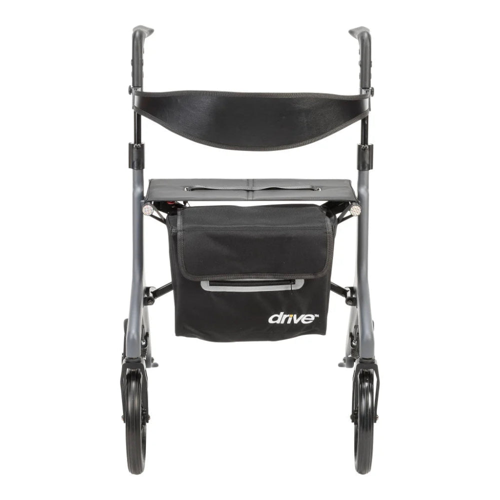 Front-facing view of the AeroCarbon Ultra-Lite rollator, showcasing the wide backrest strap and the compact width designed for navigating narrow doorways.