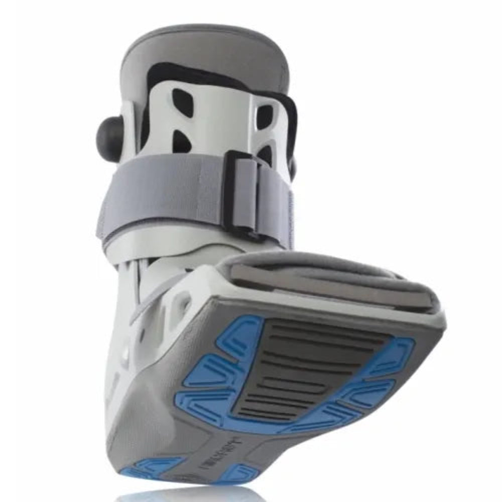 A rear-angle view focusing on the blue SoftStrike technology on the sole, designed to absorb shock and dissipate energy during heel strike.