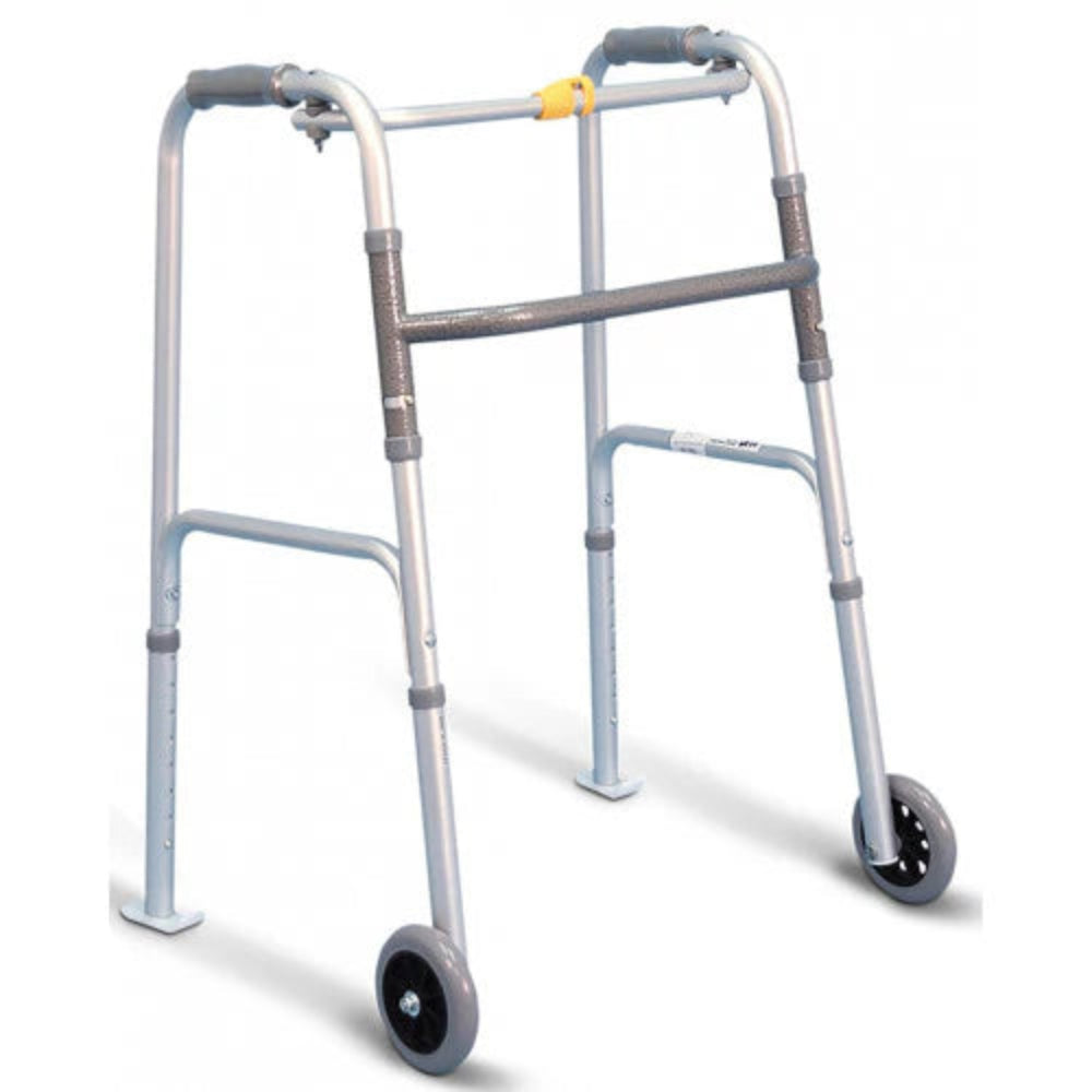 Load video: Airgo Folding Walker with 5 inch wheels demonstration showing the one-button folding mechanism, adjustable handle height, lightweight aluminum frame, front wheels, rear glide tips, and indoor walking support.