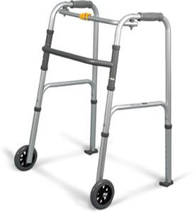 A rear-angle view of the Airgo walker showcasing the stable 4-point contact design and the yellow folding buttons on the top rail.