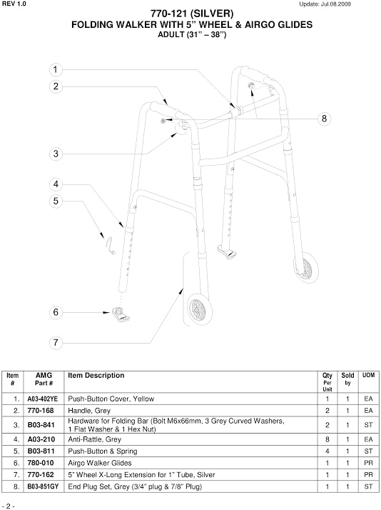 A technical line drawing infographic showing the height-adjustable range and the width dimensions of the Airgo folding walker.