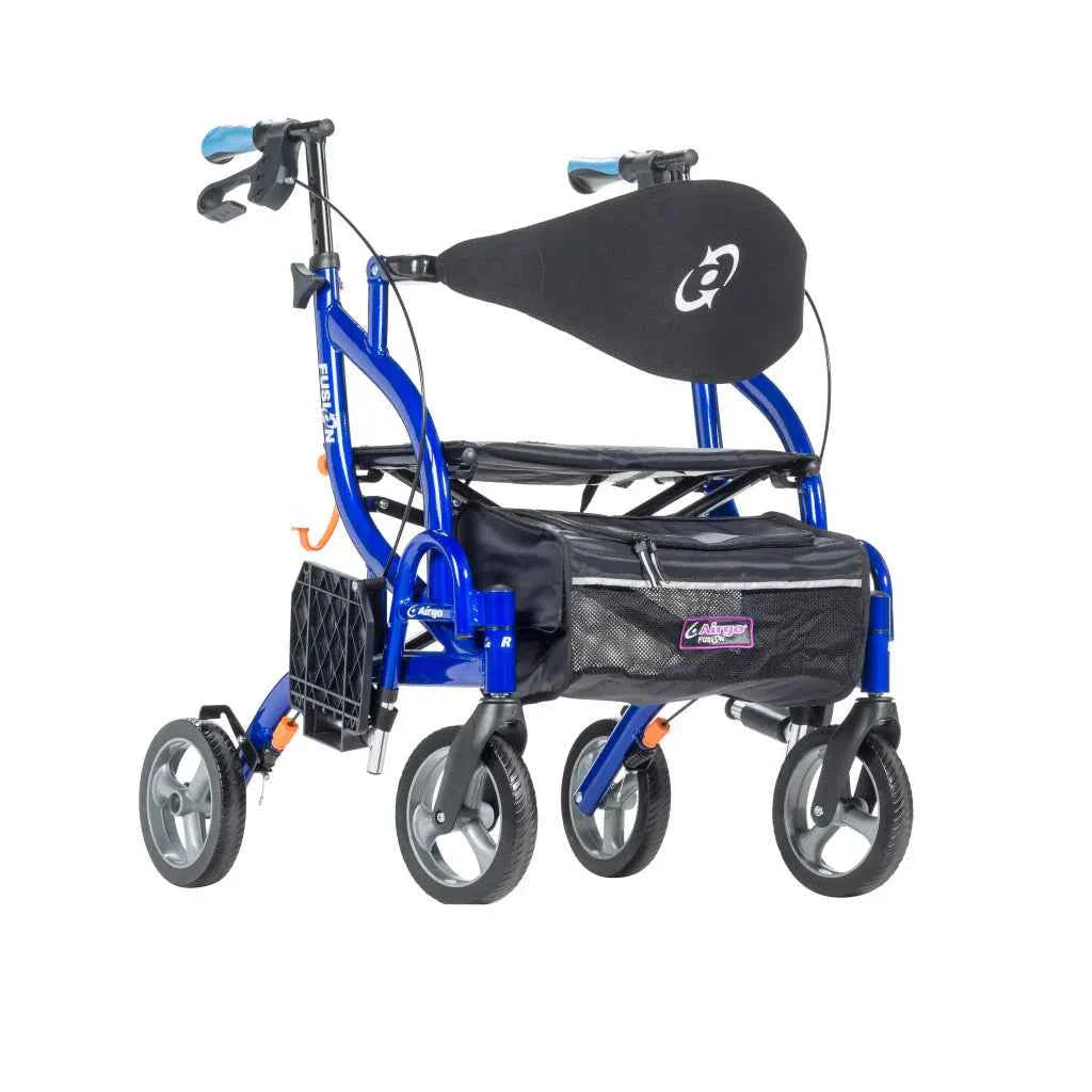 Charger la vidéo : Airgo Fusion F20 2-in-1 rollator and transport chair demonstration showing the side-folding frame, rollator mode, transport chair mode, Swing n' Lock footrests, full backrest, armrests, and caregiver-assisted mobility.