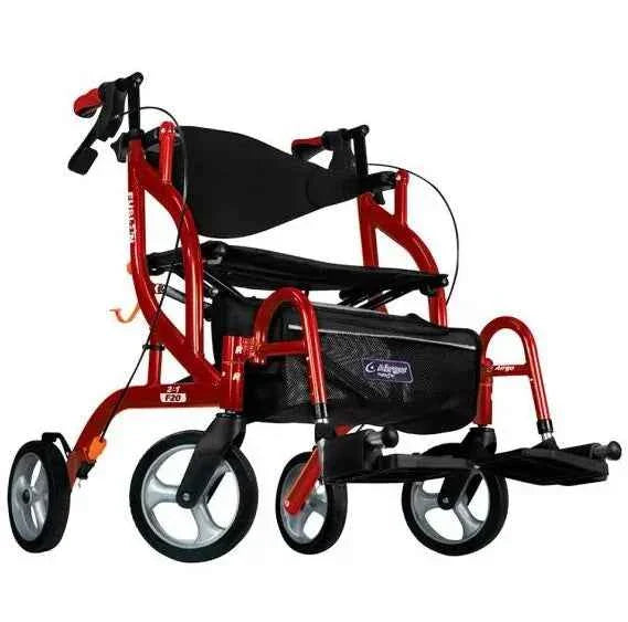 A side angled profile view of the red Airgo Fusion rollator, highlighting the sleek frame design and the height-adjustable handles.