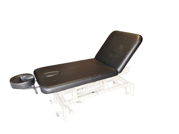 Standalone angled view of the black 2-Section Electric Height Control Facial Massage Treatment Table, showcasing the backrest smoothly elevated for versatile spa and clinical services.