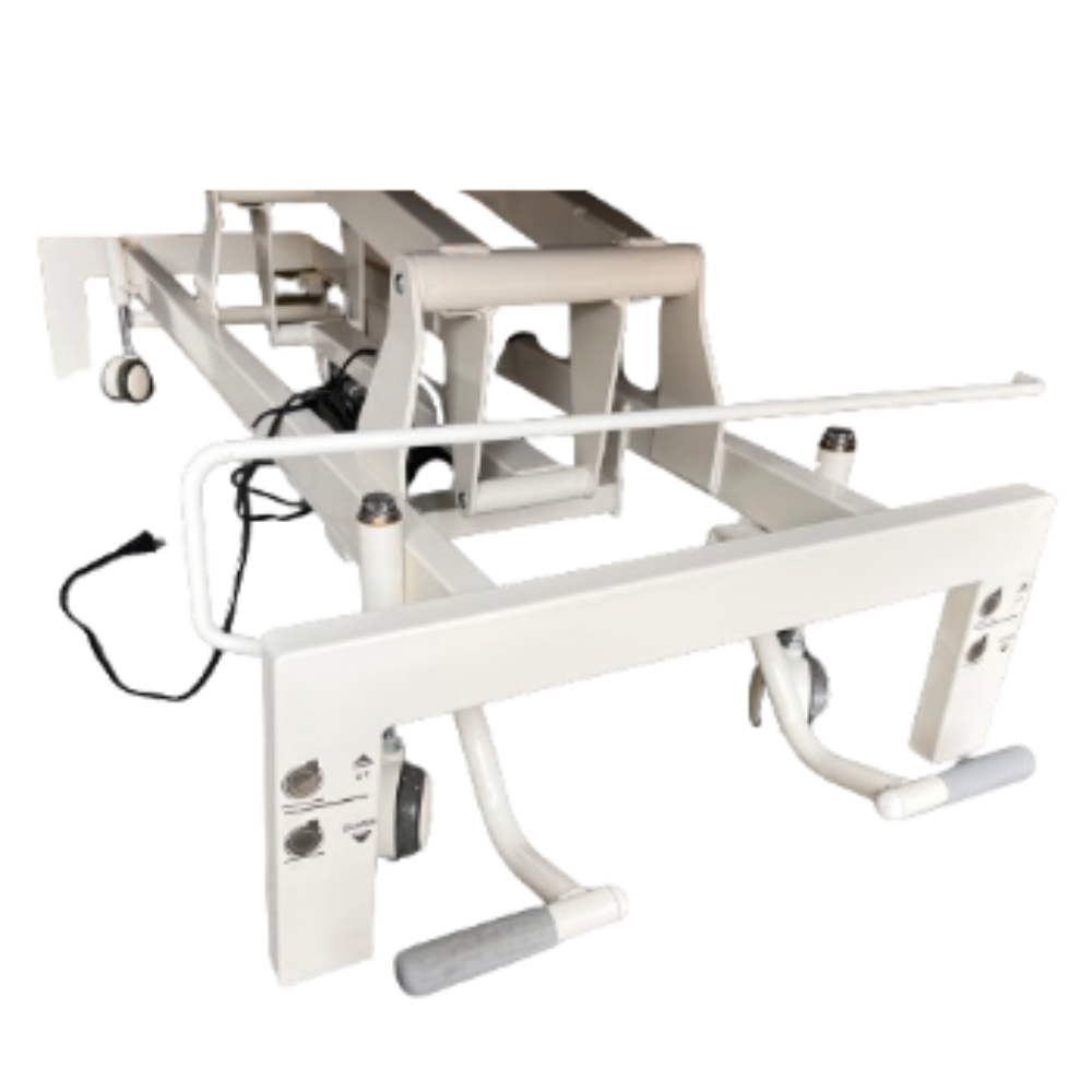 Isolated view of the heavy-duty white steel scissor-lift base frame and motor actuator assembly for the 2-section electric treatment table.