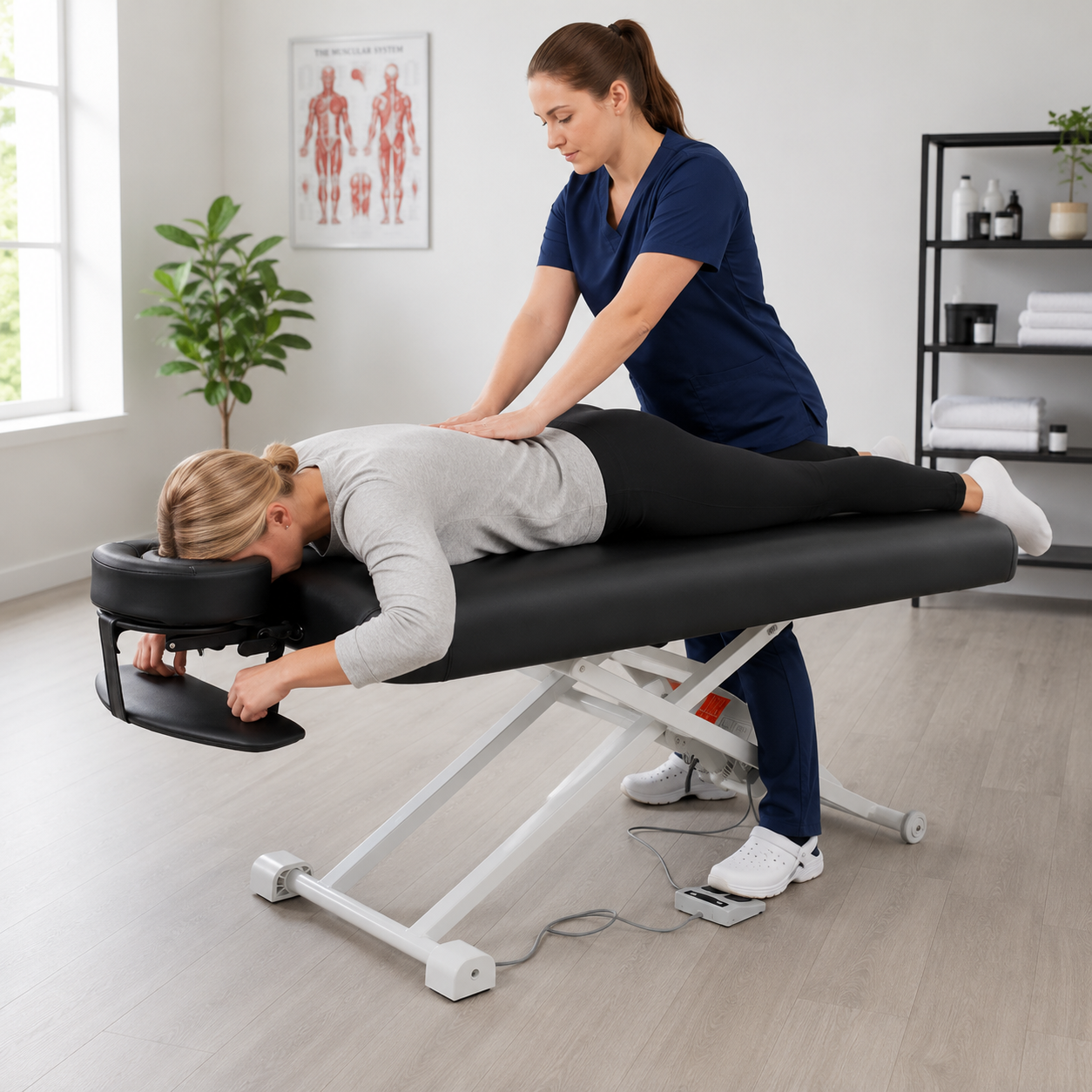Therapist treating a client lying face down on a black electric massage table in a bright clinic room