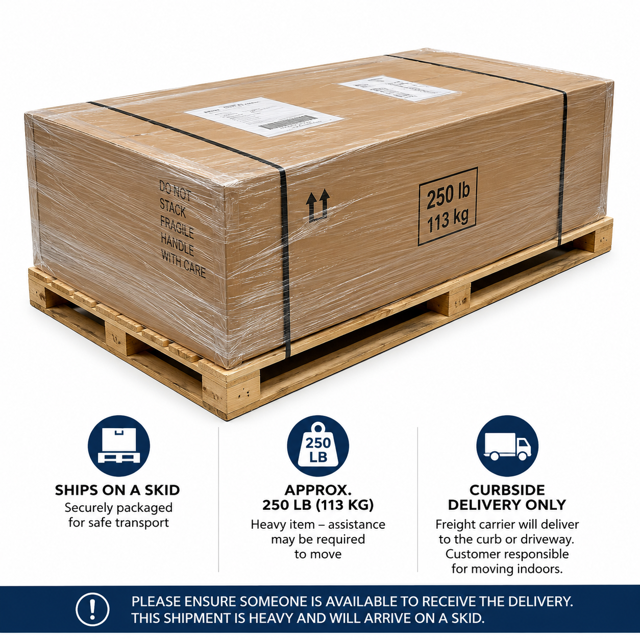 Info graphic showing a 250 lb packaged product box on a wooden pallet with icons for curbside freight delivery and skid shipping guidelines.
