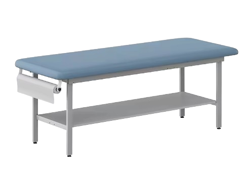 Blue upholstered A-Lek Flat Series stationary steel examination treatment table with built-in lower storage shelf and paper roll holder.