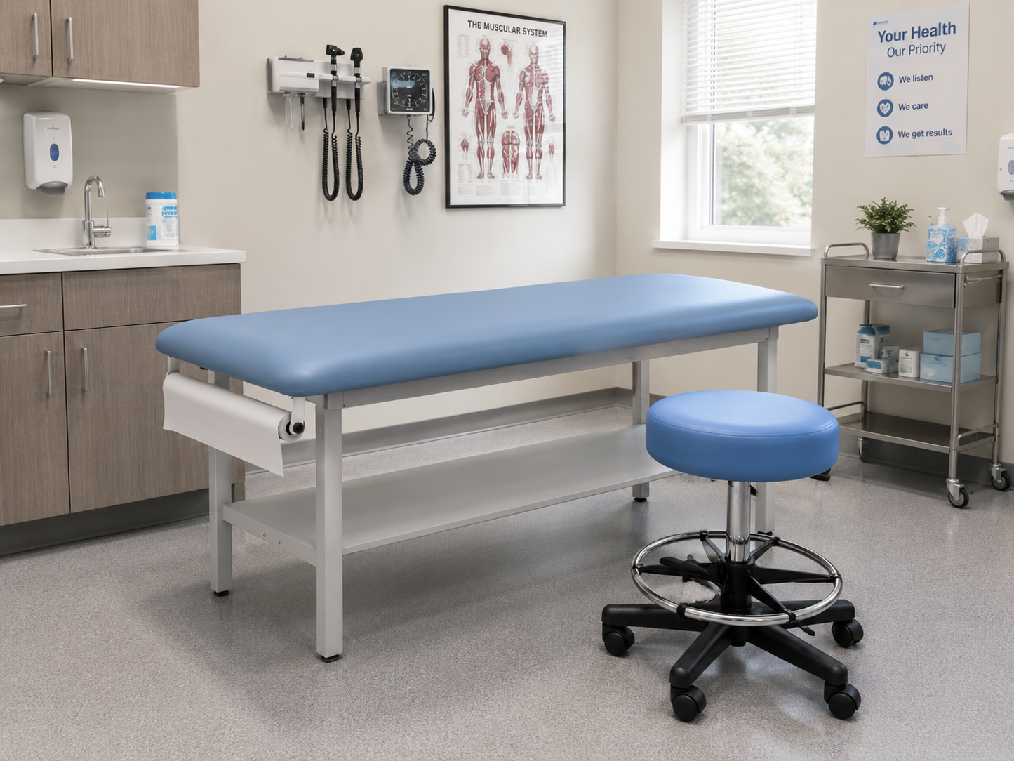 Flat blue steel stationary treatment table with paper roll holder, lower shelf, and matching rolling stool in a medical examination room.